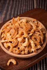 dried shrimp on wooden table. seafood ingredients.