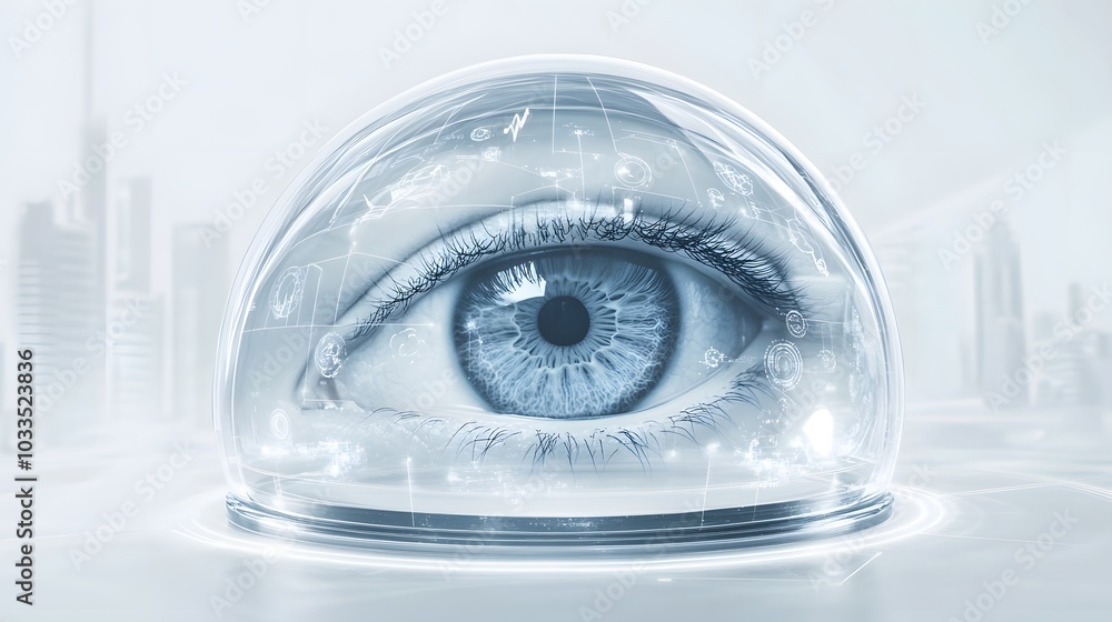 Poster human eye encased in a transparent sphere with abstract digital patterns