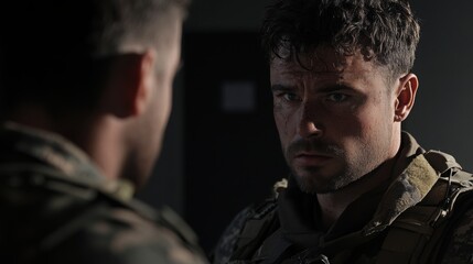 soldier in combat uniform leading an interrogation of a civilian man, their faces showing intensity and unease