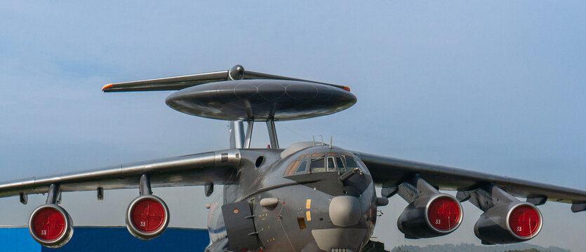 Soviet and Russian airborne early warning and control aircraft A-50 (according to NATO codification: Mainstay) at static parking lot MAKS-2013. Close-up.