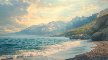 beautiful beach with mountain views and calm ocean waves, golden light and soft clouds at sunset, peaceful coastal scenery for nature-inspired designs and travel backgrounds