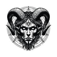 Baphomet hand drawn illustration, satanic goat head in black and white vector, pentagram as the core satanic symbol