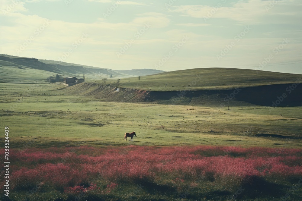 Canvas Prints Meadow with horse farm in the background landscape grassland outdoors.