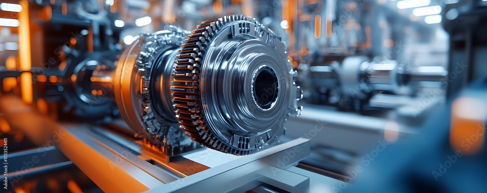 Poster aerospace component assembly in futuristic clean factory environment with precision engineering