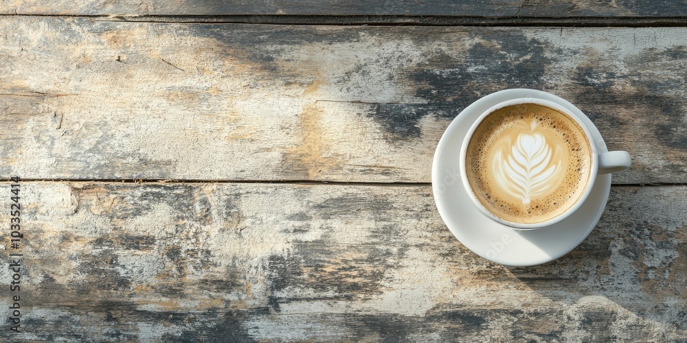 Poster a cup of morning cappuccino on a rustic wooden table with copy space.