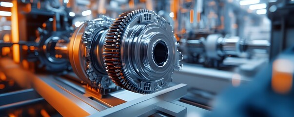 Fototapeta premium Aerospace Component Assembly in Futuristic Clean Factory Environment with Precision Engineering