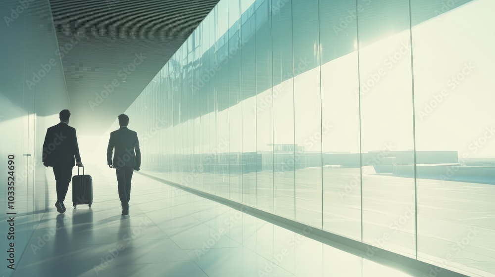 Wall mural two businessmen walking in a modern airport terminal, pulling luggage, with natural light and shadow