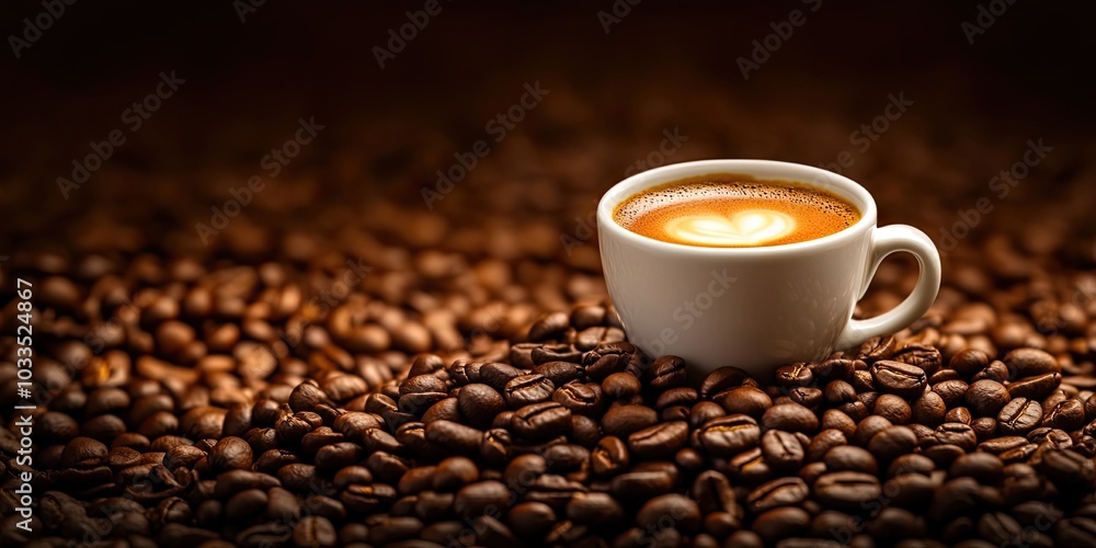 Poster a cup of hot espresso on a mound of roasted coffee beans with available space for design or text.