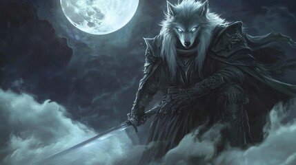 Obraz premium A fantasy anthropomorphic wolf with long silver fur, wearing robes and armor with glowing eyes, standing on a cloud of mist under moonlight, holding a sword