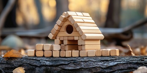 Naklejka premium Construction of natural eco-housing. Concept. Toy wooden house. The building set is crafted from natural wood for children. Wooden toy house made of small blocks from the constructor.