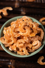dried shrimp on wooden table. seafood ingredients.