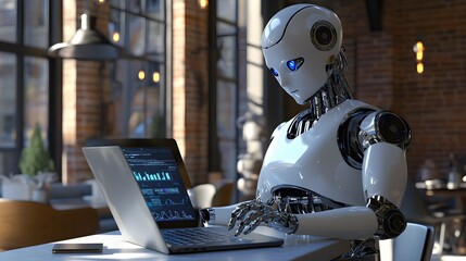 Fototapeta premium White humanoid robot with blue eyes using a laptop in a cafe setting