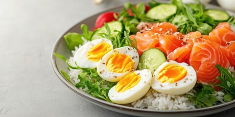 Salad featuring boiled rice, pink salmon, eggs, and greens on a plate. Copyspace.