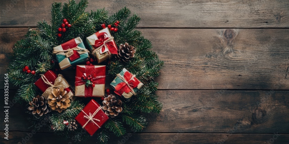 Poster rustic christmas wreath with presents on a wooden surface. copyspace for your text.