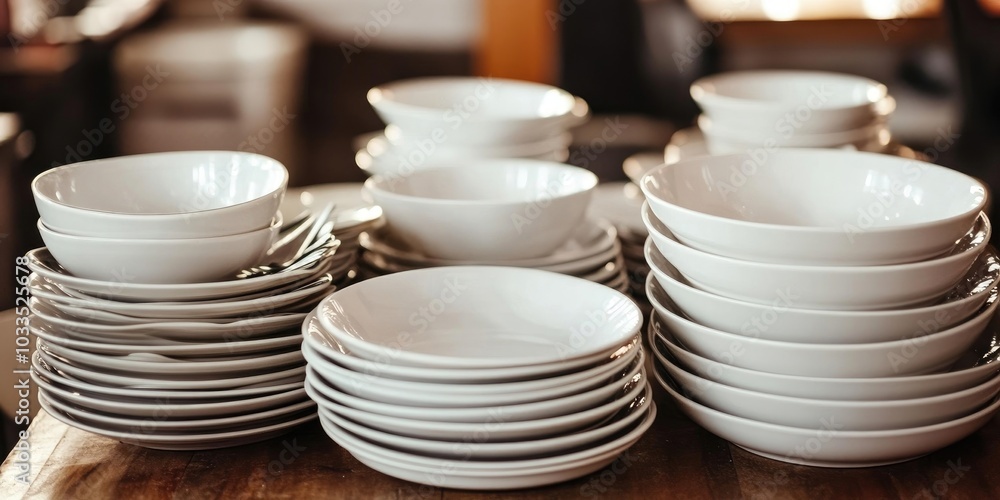 Poster empty bowls and plates on the table, dishware and table items.