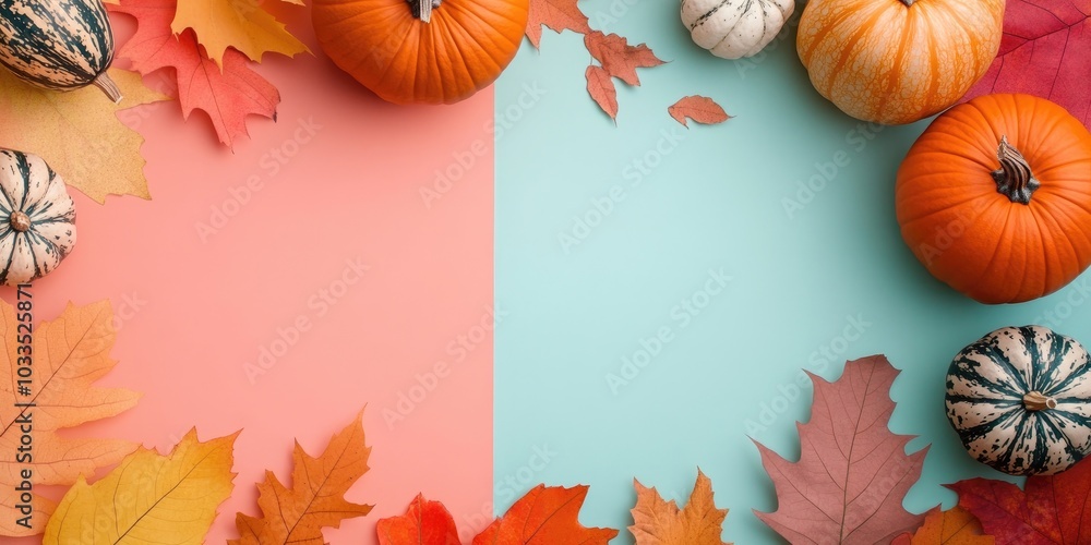 Poster Flat lay featuring pumpkins and leaves on a colored paper background with copy space. Template for fall harvest, Thanksgiving, and Halloween invitation cards. Top view autumn arrangement.