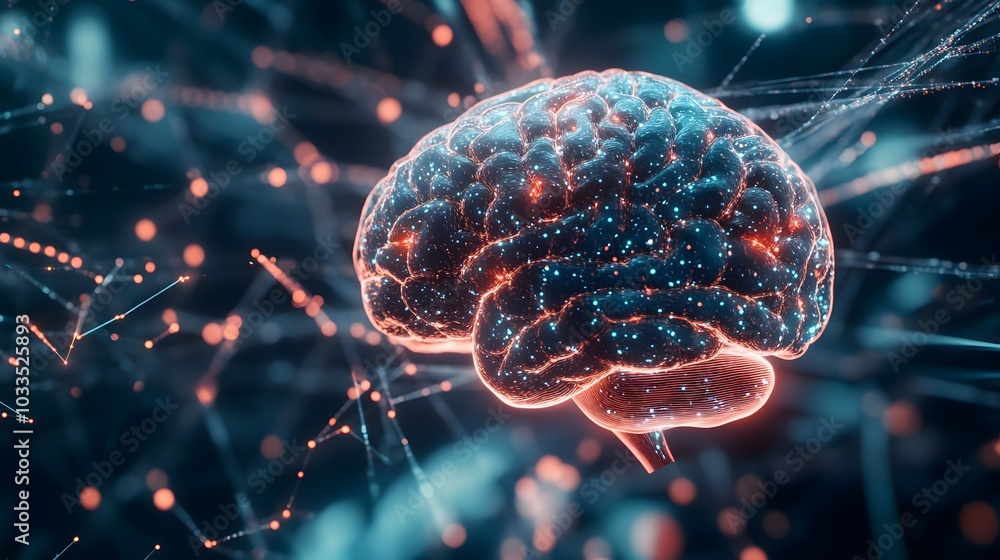 Poster digital brain with network connections and glowing particles
