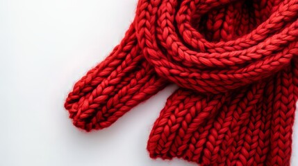 Cozy winter red knitted scarf on white background showcasing warm texture and soft fabric, perfect for seasonal fashion, winter apparel, and cold weather accessories