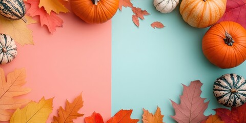 Flat lay featuring pumpkins and leaves on a colored paper background with copy space. Template for fall harvest, Thanksgiving, and Halloween invitation cards. Top view autumn arrangement.