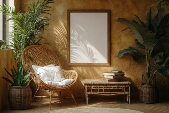 Warm composition of living room interior with mock up postrer frame, vase with rowan, wooden coffee table, beige carpet, brown pouf, braided plaid and, Generative AI