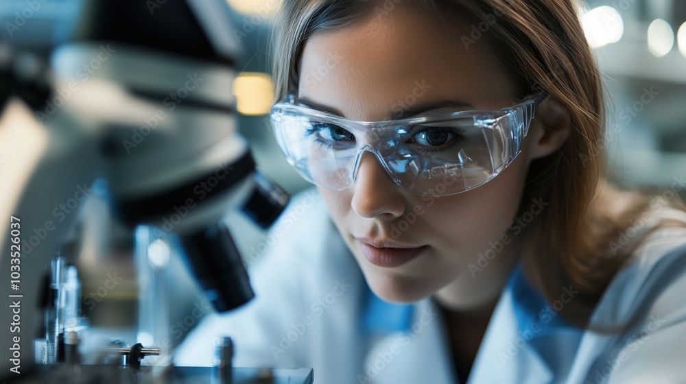 Poster scientist examining samples under microscope, focused expression, laboratory setting