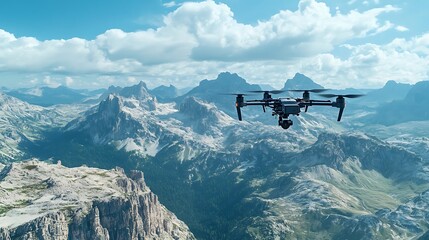 A black drone flies over a mountain range with a clear blue sky and white clouds.