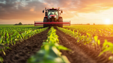 Fototapeta premium In the early morning light, a tractor equipped with advanced GPS technology plants corn in perfectly straight rows, ensuring efficient land use and crop optimization.