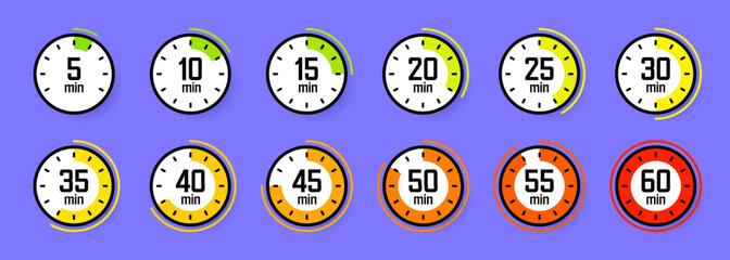 Stopwatch icons. Colorful simple chronometer, time counter with dial. Countdown timer showing hours and minutes. Deadline, measurement for sport. Cooking time label, sticker. Vector illustration