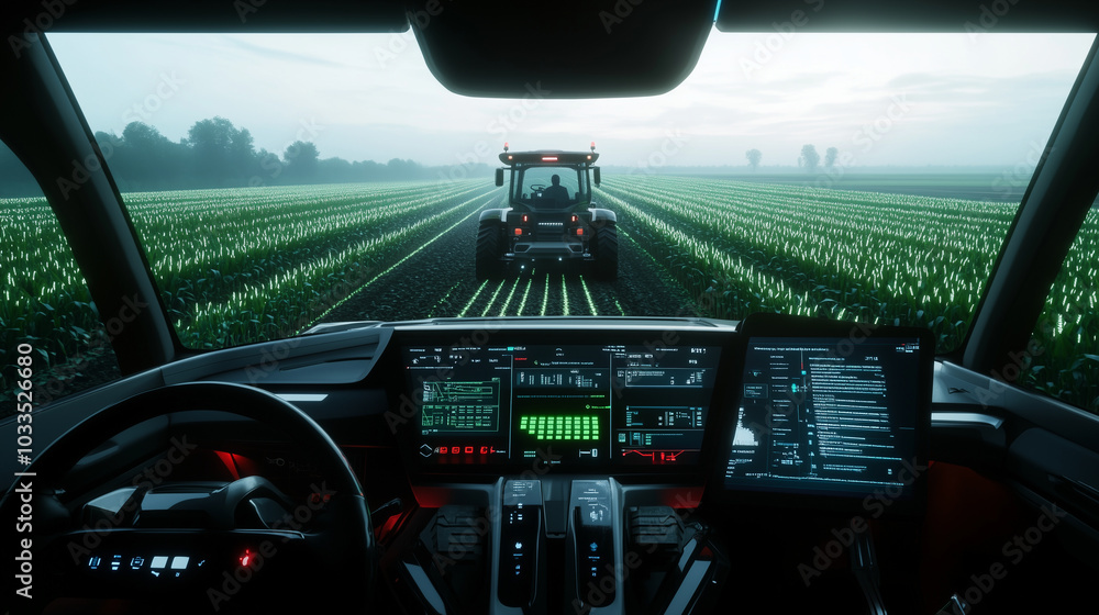 Poster a futuristic dashboard inside a tractor cabin displays gps coordinates and planting data, while outs