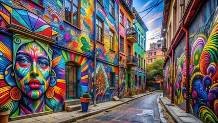 Fototapeta premium Street filled with colorful art and interesting characters on walls