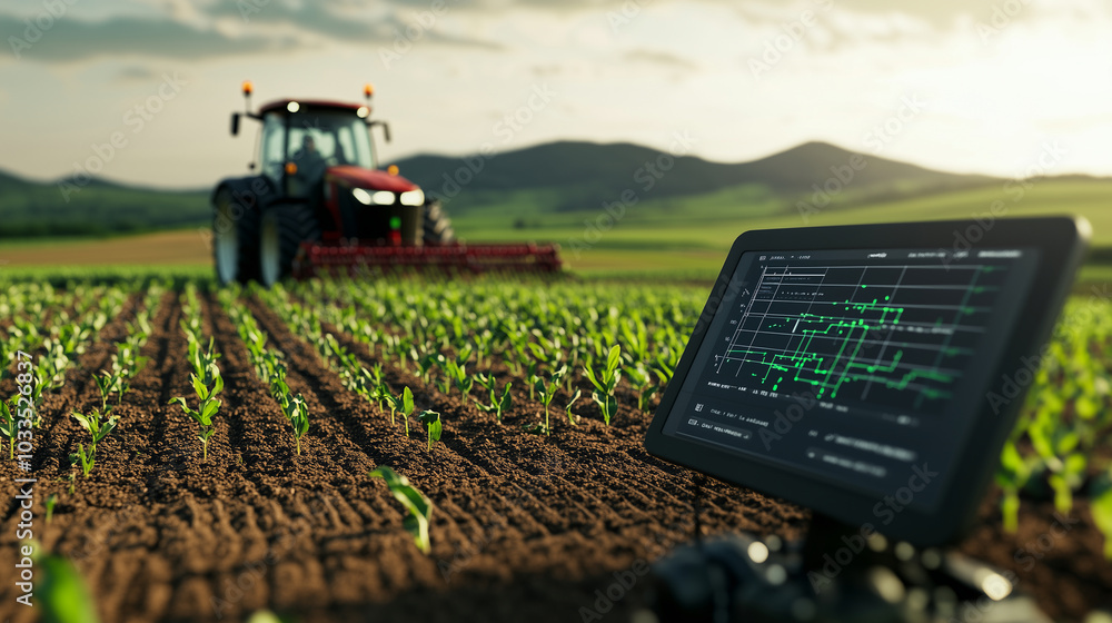 Poster a close-up of gps software controlling a tractor as it plants corn, with the screen showing precise 