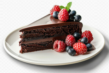 A decadent chocolate cake slice with cherries, raspberries, and glossy chocolate glaze, garnished with mint leaves.