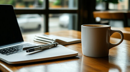 Minimalist business workspace with a laptop, notebook, and coffee cup on a clean desk, with plenty of open space.