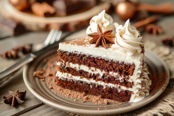 A decadent chocolate layer cake topped with creamy frosting and garnished with star anise, served on a plate.