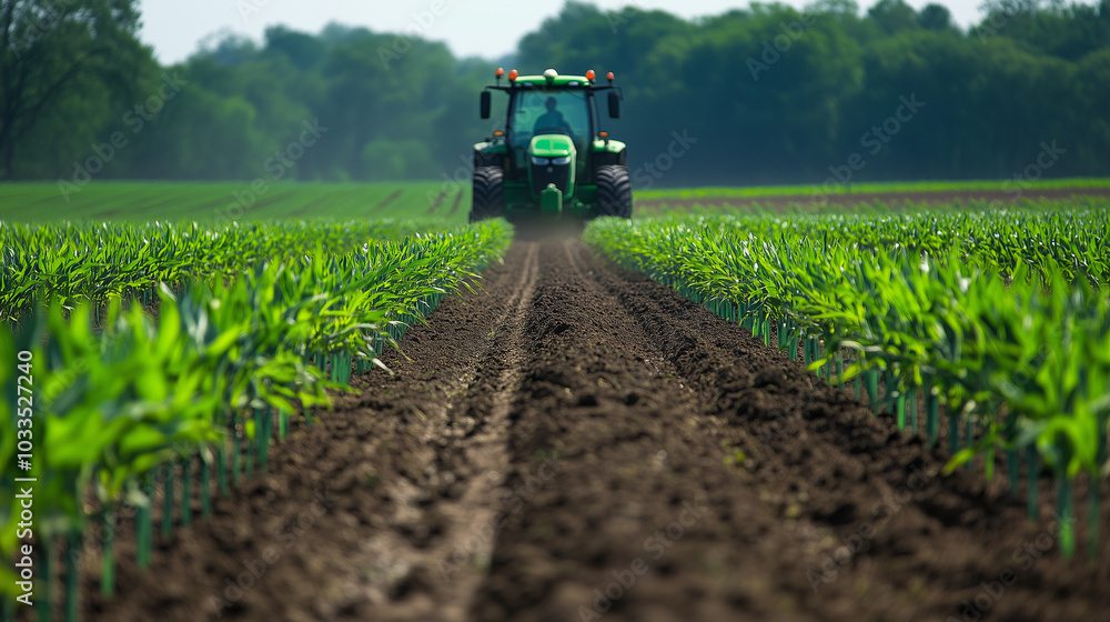 Poster corn planting with precision: a gps-guided tractor navigates the field, leaving behind rows that are