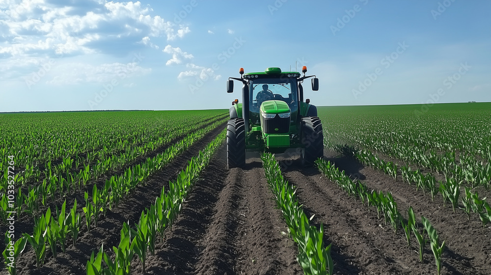 Poster corn planting with precision: a gps-guided tractor navigates the field, leaving behind rows that are