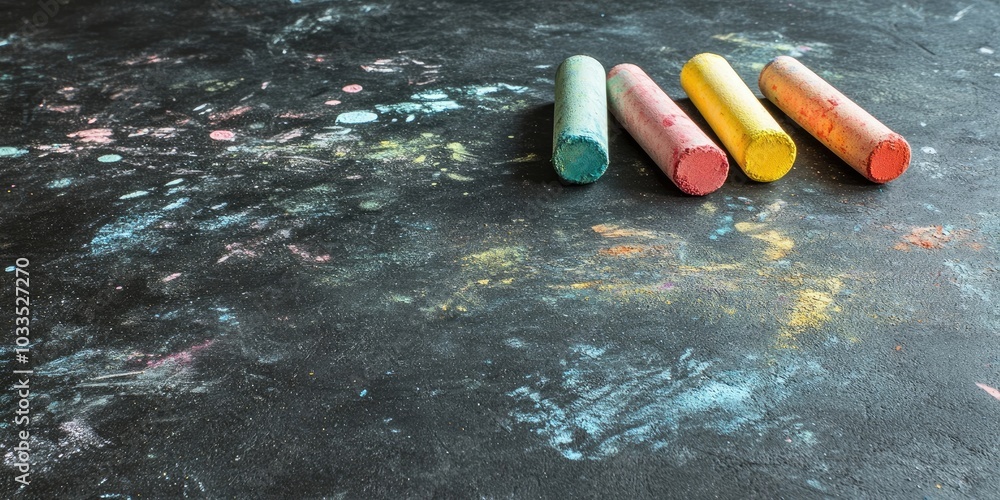 Poster copy space featuring various colored chalks on the floor.