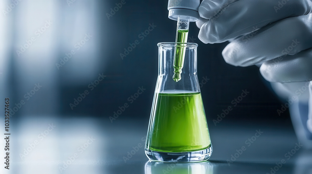 Poster scientist in laboratory is carefully adding green liquid to flask using dropper, showcasing biofuel 