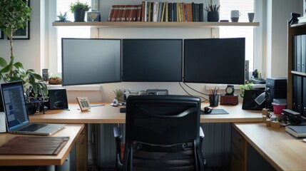 Realistic office desk setup with three monitors and clutter in a well-lit space