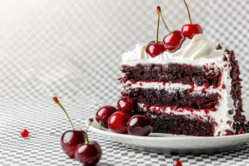 A slice of rich chocolate cherry cake layered with whipped cream, topped with fresh cherries on a patterned background.
