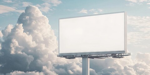 Blank white billboard in the background with a cloudy sky, mockup.