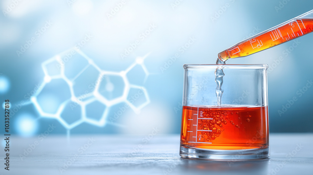 Poster close up of laboratory experiment showing pipette dispensing liquid into beaker filled with orange s