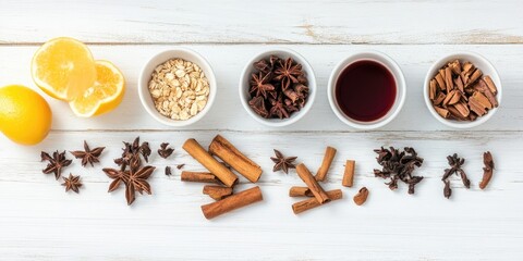 Ingredients for mulled wine on a white wooden surface.