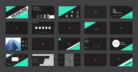 Business infographics presentation templates, green and white elements on a black background. Use in flyers, SEO, PowerPoint, webinar pages, website design, banners, annual report. Vector illustration