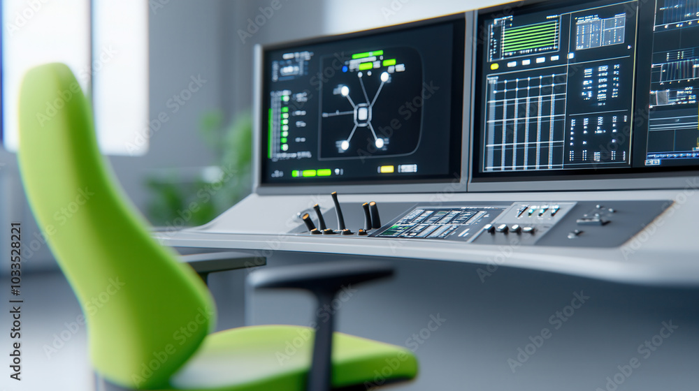 Poster modern control room featuring advanced monitors displaying fuel process data, with sleek green chair
