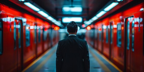 A professional businessman waiting for the subway, embodying the hustle and bustle of city life. This image reflects the modern urban lifestyle and the daily commute of professionals.