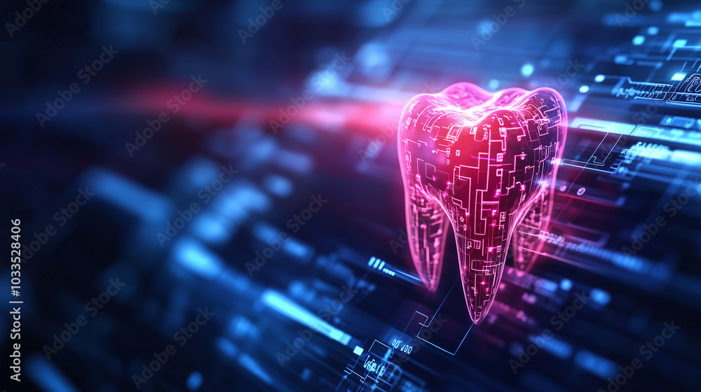Poster vector-style depiction of a digital dental implant, radiating with data circuits and a pulsating ene