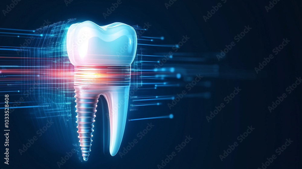 Poster vector-style depiction of a digital dental implant, radiating with data circuits and a pulsating ene