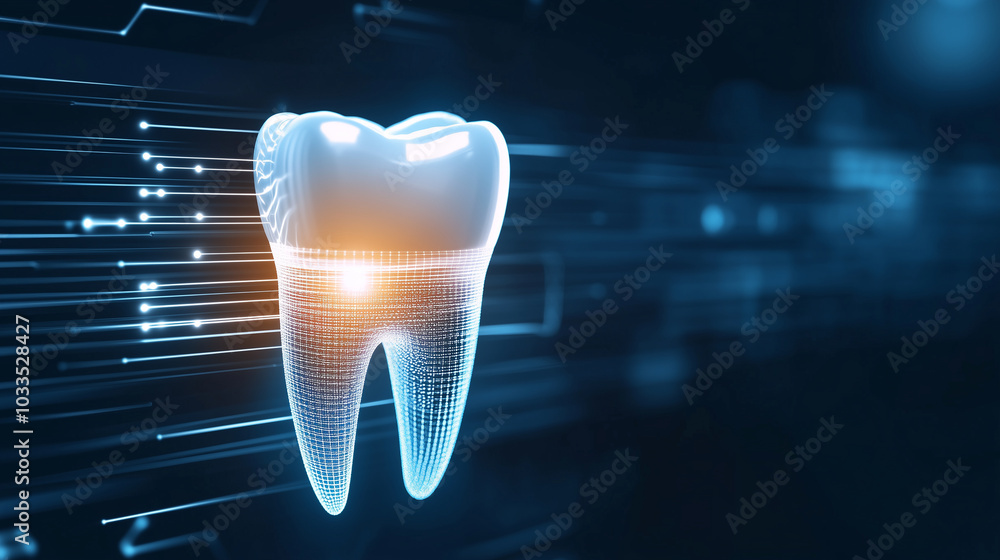 Poster vector-style depiction of a digital dental implant, radiating with data circuits and a pulsating ene