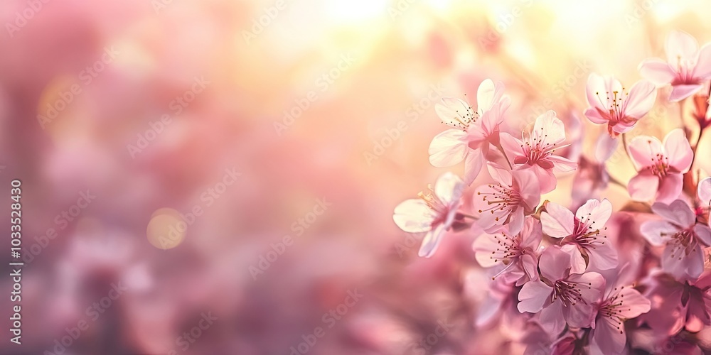 Poster abstract spring background featuring defocused cherry blossoms in spring with copyspace, a natural s